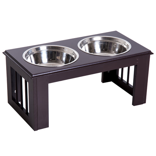 Photo of PawHut Raised Dog Feeding Bowls with Stand, Stainless Steel for Medium Dog, 58L x 31W x 25H cm - Brown in Brown colour on a white background