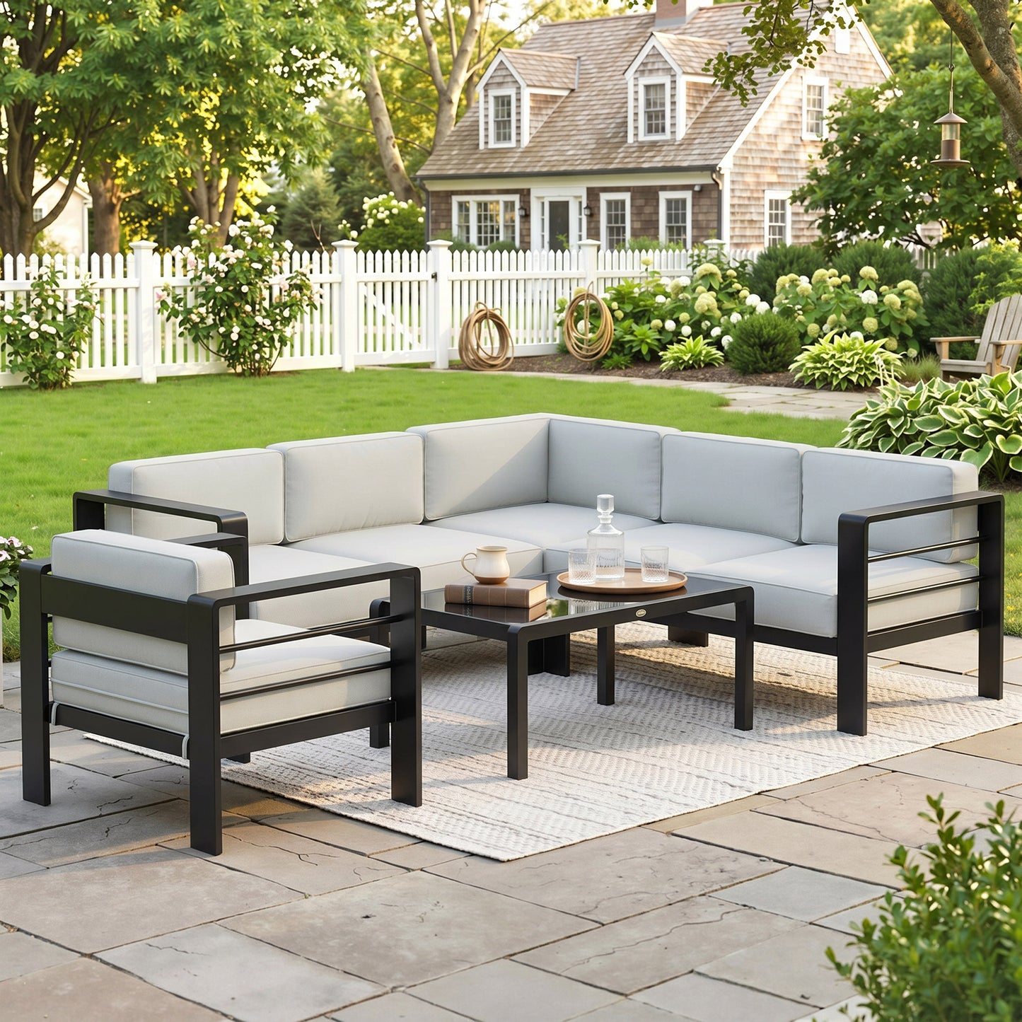 Outsunny 5-Piece Garden Corner Sofa Set with Cushions, 6 Seater Aluminium Garden Furniture Set with Coffee Table, Light Grey