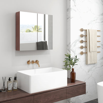 Wall-mounted double mirror cabinet with dark wood sides above a bathroom vanity.