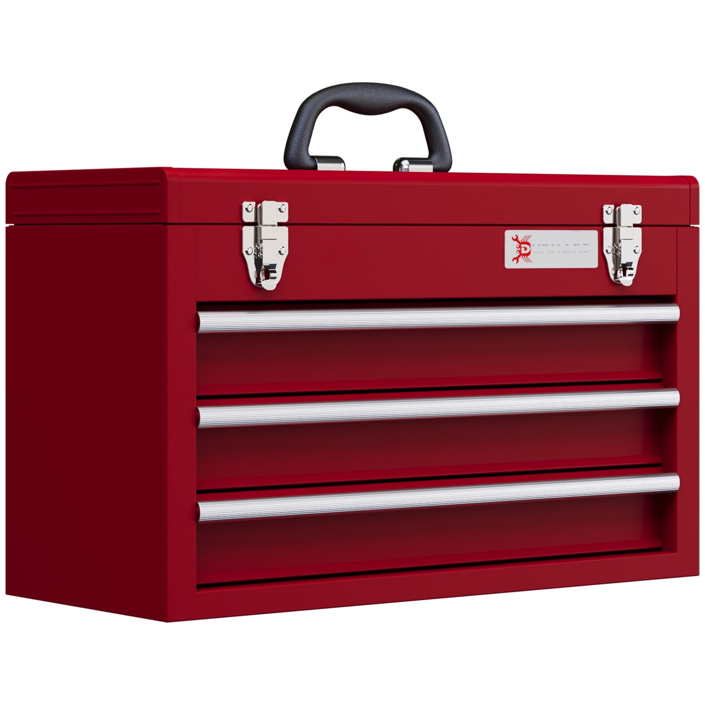 Photo of DURHAND Lockable Metal Tool Box, 3 Drawer Tool Chest with Latches, Handle, Ball Bearing Runners, Red in Red colour on a white background