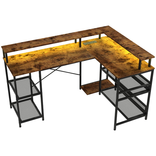 Photo of HOMCOM LED Light 'L' Computer Desk, with Shelves - Brown in Brown colour on a white background