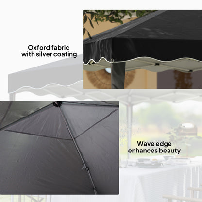 Black gazebo canopy detail showing silver-coated Oxford fabric and a wave edge