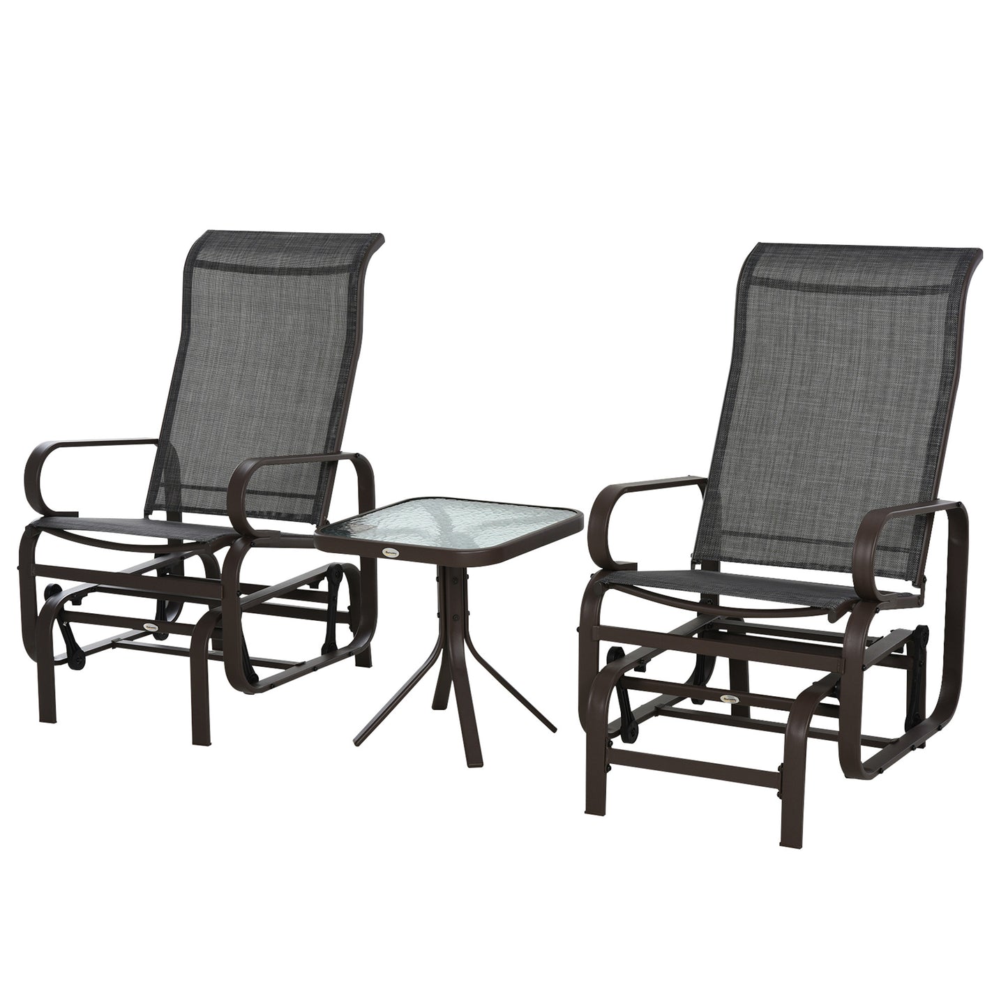 Photo of Outsunny 3 Pieces Garden Gliding Chair Set, Metal Frame 2 Single Armchair Swing Seater and 1 Glass Top Coffee Table w/ Breath Mesh Fabric Seat, Brown in Brown colour on a white background