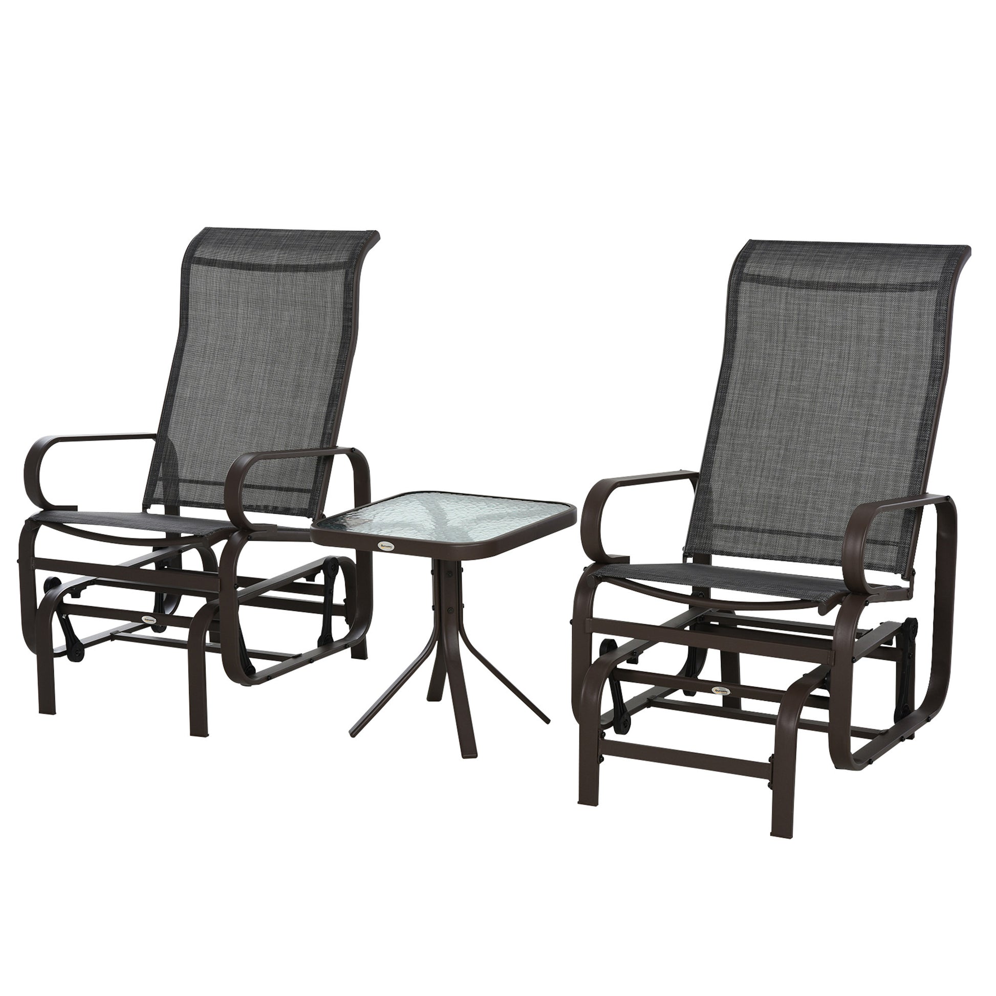 Photo of Outsunny 3 Pieces Garden Gliding Chair Set, Metal Frame 2 Single Armchair Swing Seater and 1 Glass Top Coffee Table w/ Breath Mesh Fabric Seat, Brown in Brown colour on a white background