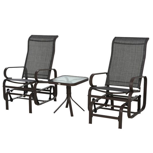 Photo of Outsunny 3 Pieces Garden Gliding Chair Set, Metal Frame 2 Single Armchair Swing Seater and 1 Glass Top Coffee Table w/ Breath Mesh Fabric Seat, Brown in Brown colour on a white background