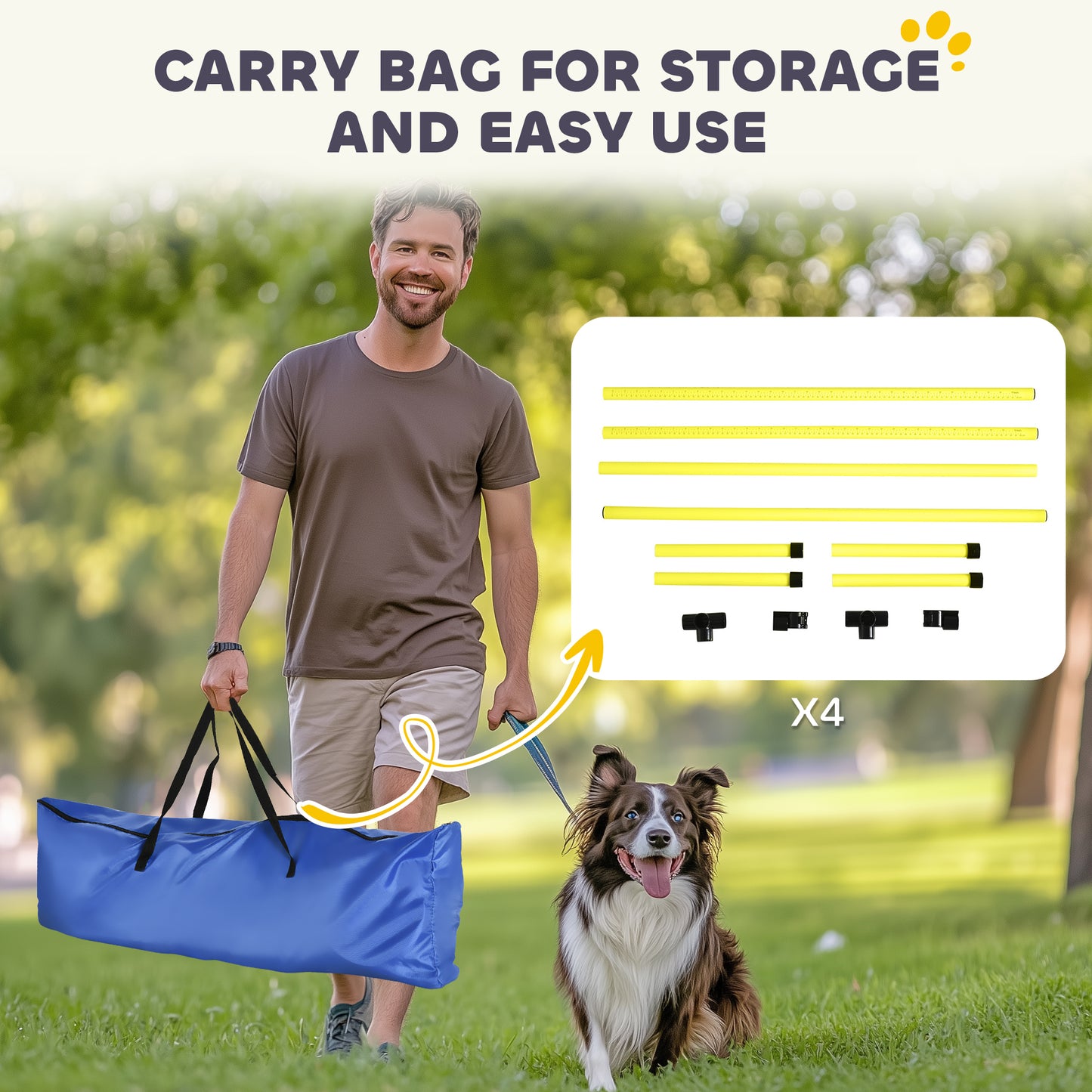 PawHut 4 Pieces Dog Agility Training Equipment, Adjustable Height Jumps Hurdle with Carrying Bag for Outdoor, Yellow