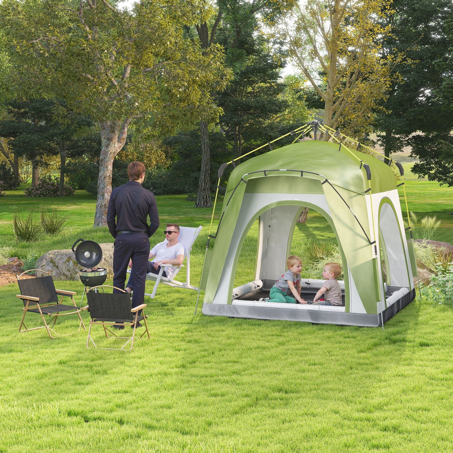 Outsunny Instant Pop Up Camping Tent, 3 Man Dome Tent with 4 Doors, Sewn-in Groundsheet, Carry Bag and Top Hook for Fishing Hiking Festival, Green