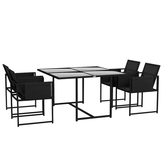 Photo of Outsunny 5 Piece Garden Dining Set with Breathable Mesh Seat, Adjustable Backrest, Tempered Glass Table Top for Patio, Black in Black colour on a white background