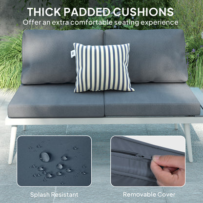 Gray garden sofa with thick padded cushions and a removable, splash-resistant cover