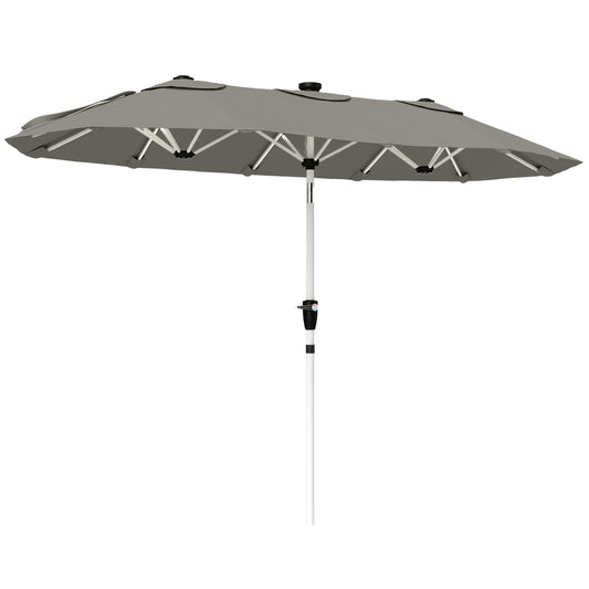 Photo of Outsunny 3 m Double-Sided Garden Parasol with LED Solar Lights, Tilt, Outdoor Extra Large Sun Umbrella with Crank Handle, Grey in Grey colour on a white background