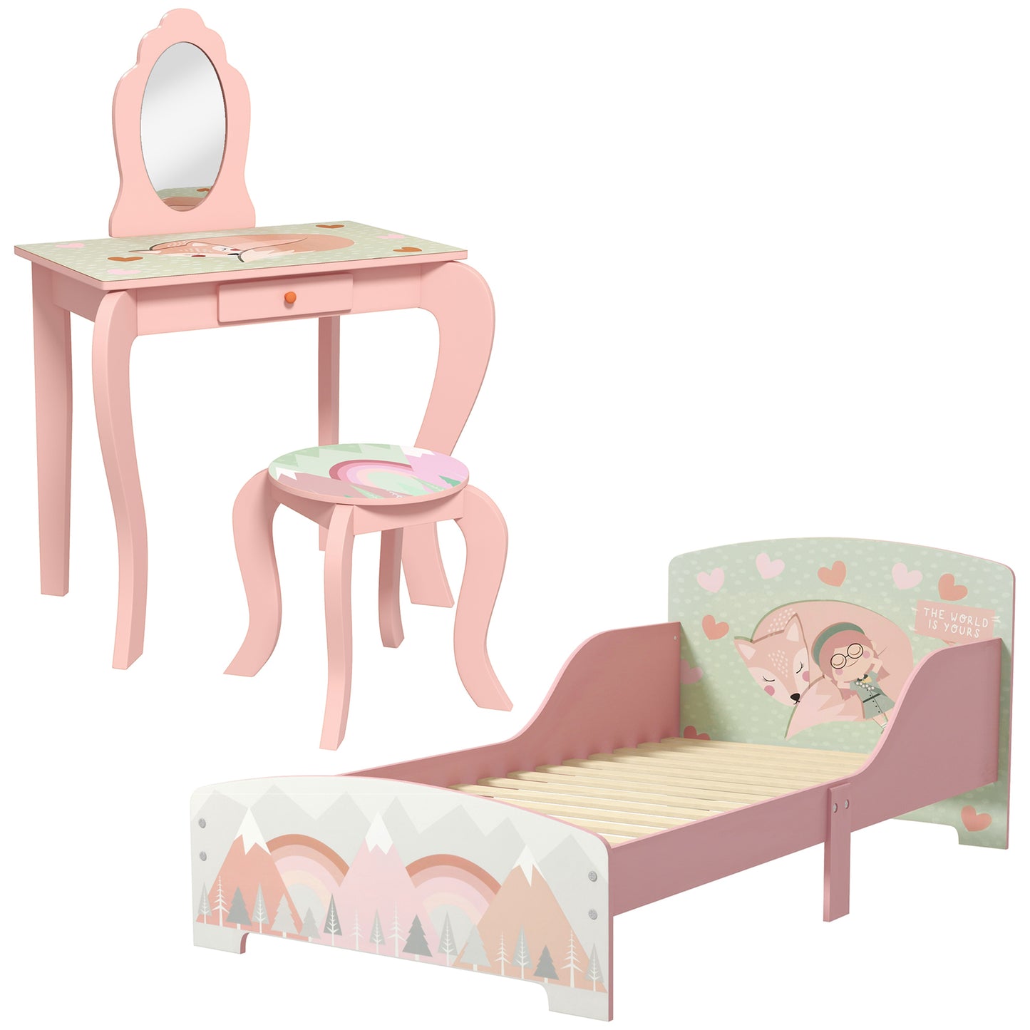 Photo of ZONEKIZ Toddler Bed Frame, Kids Dressing Table with Mirror and Stool, Cute Animal Design Kids Bedroom Furniture Set for Ages 3-6 Years, Pink in Pink colour on a white background