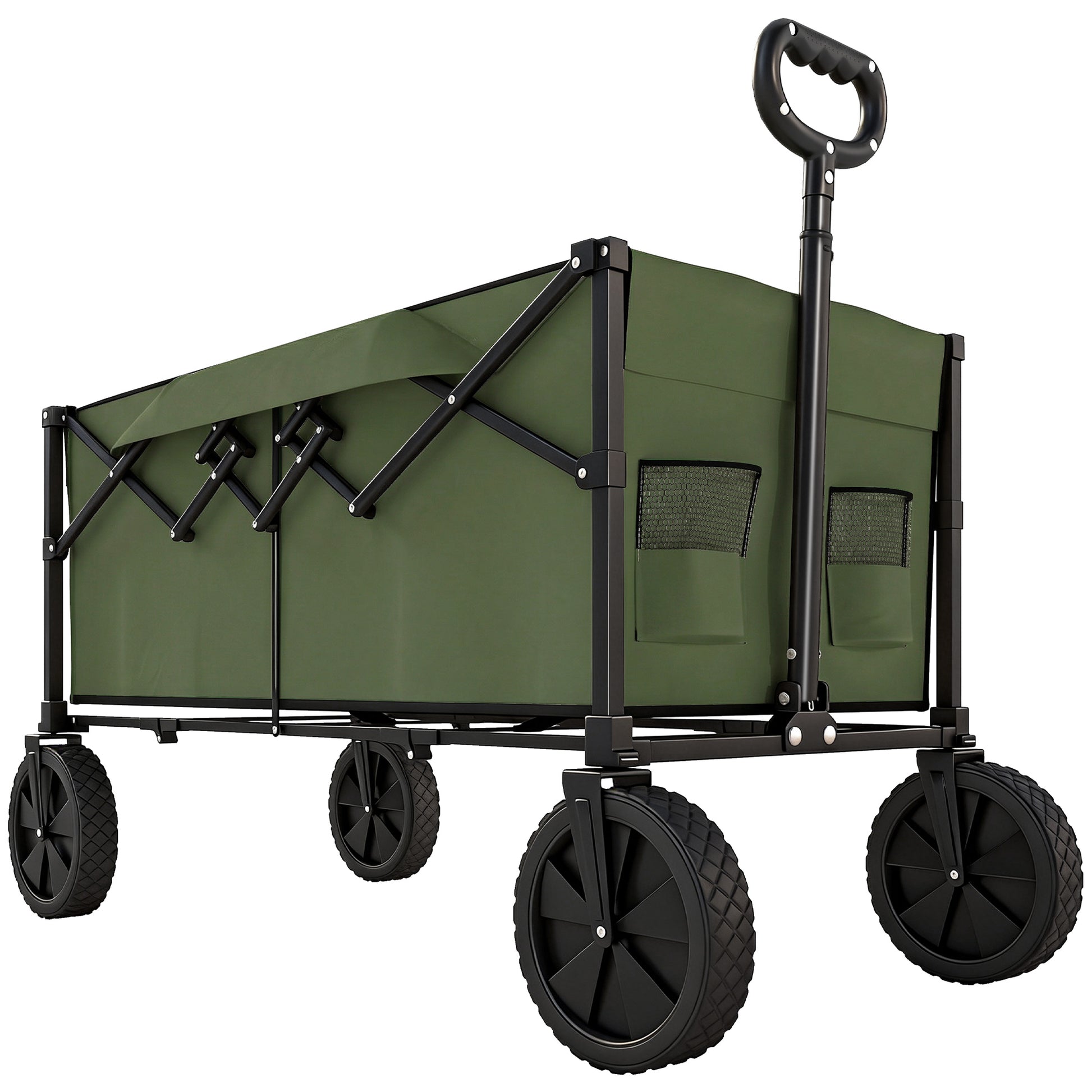 Photo of Outsunny 95L Foldable Festival Trolley on Wheels, Collapsible Wagon Cart with Adjustable Handle and 2 Cup Holders, Dark Green in Green colour on a white background