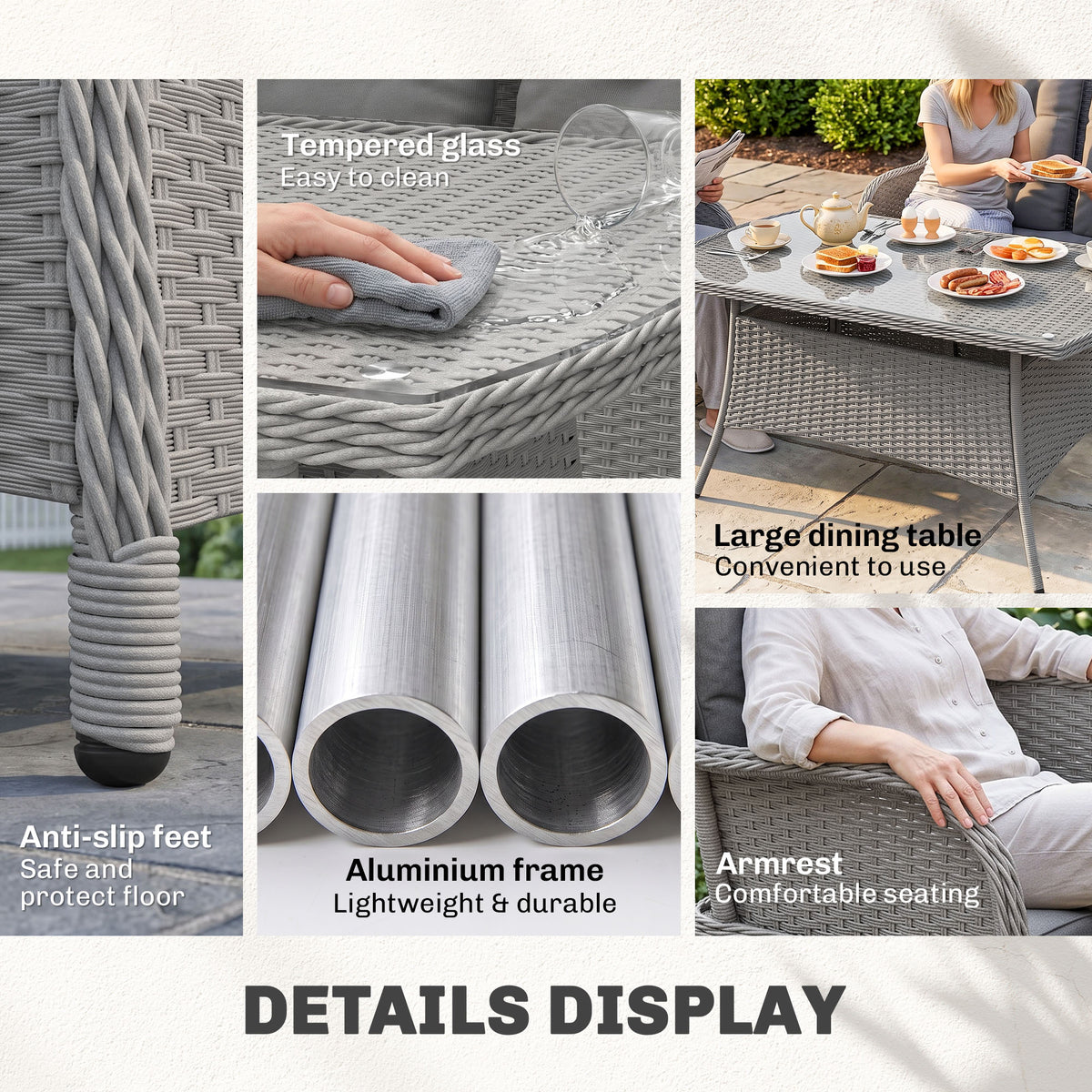 Gray wicker set details: glass tabletop, woven finish, aluminum frame, armrest, and anti-slip feet