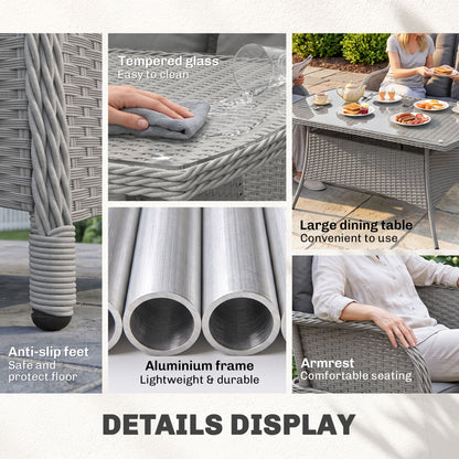 Gray wicker set details: glass tabletop, woven finish, aluminum frame, armrest, and anti-slip feet
