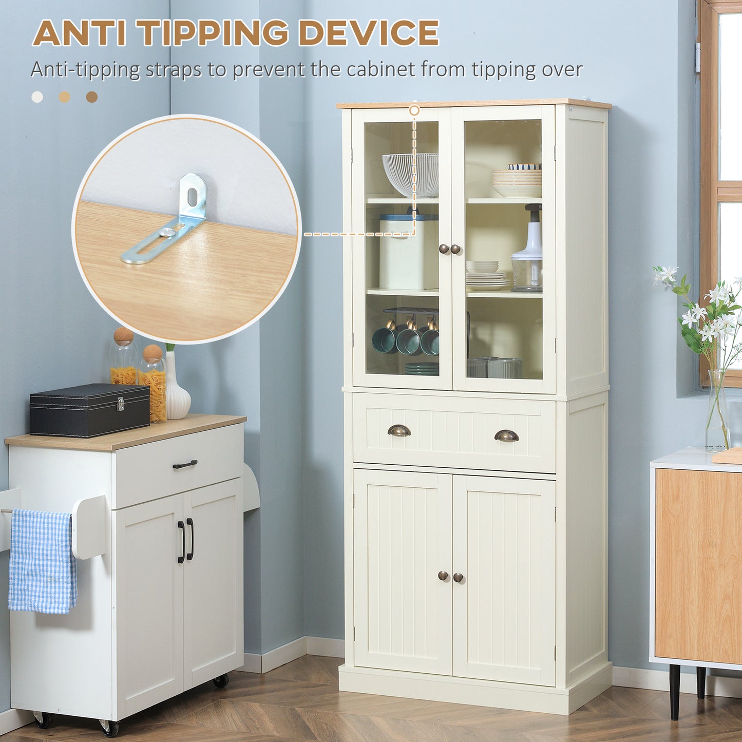 HOMCOM Freestanding Kitchen Cupboard, 5-tier Storage Cabinet with Adjustable Shelves and Drawer, Cream White