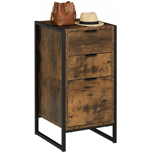 Rustic brown three-drawer chest with black metal frame and wood-grain panels