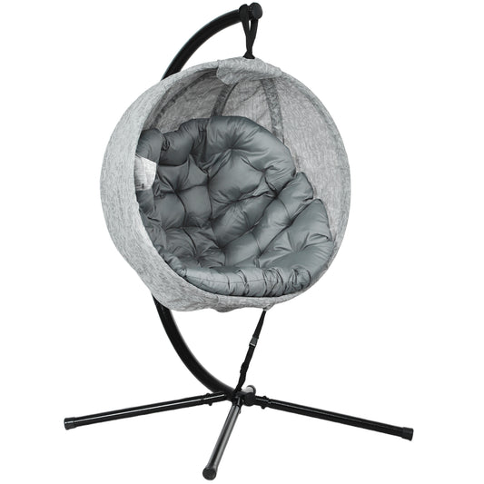 Photo of Outsunny Hanging Egg Chair Outdoor Indoor Garden Swing Chair with Folding Basket, Thickened Cushion, Cup Holder for Patio, Balcony, Grey in Grey colour on a white background
