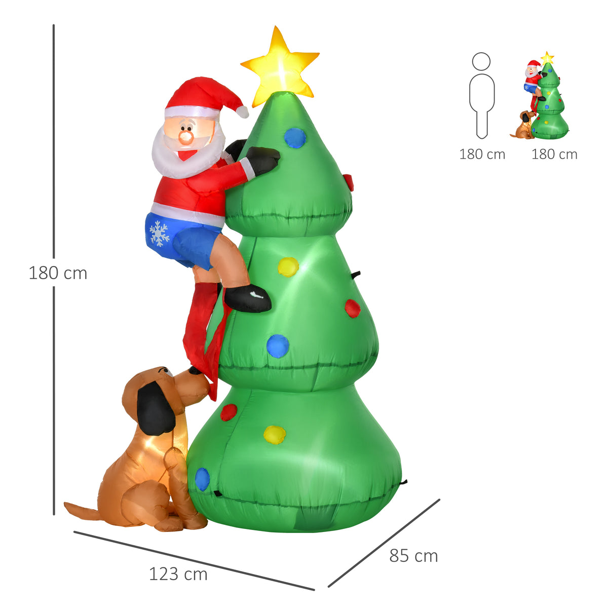 Inflatable Christmas tree with Santa and dog, shown with 180 cm height and size dimensions