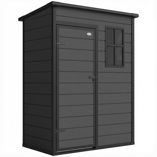 Photo of Outsunny 5' x 3' Garden Shed with Floor, Outdoor Storage Shed with Lockable Door, Window and Vent, Dark Grey in Grey colour on a white background