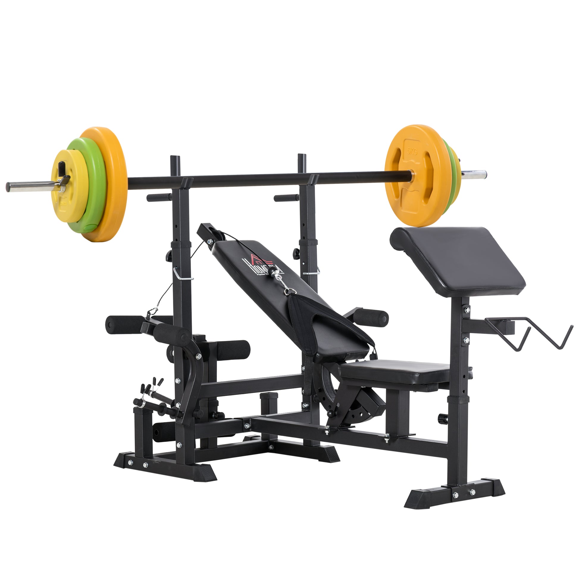 Photo of HOMCOM Weight Bench with Adjustable Barbell Rack, Leg Extension, Preacher Curl Pad and 20kg Barbell Set in Set colour on a white background