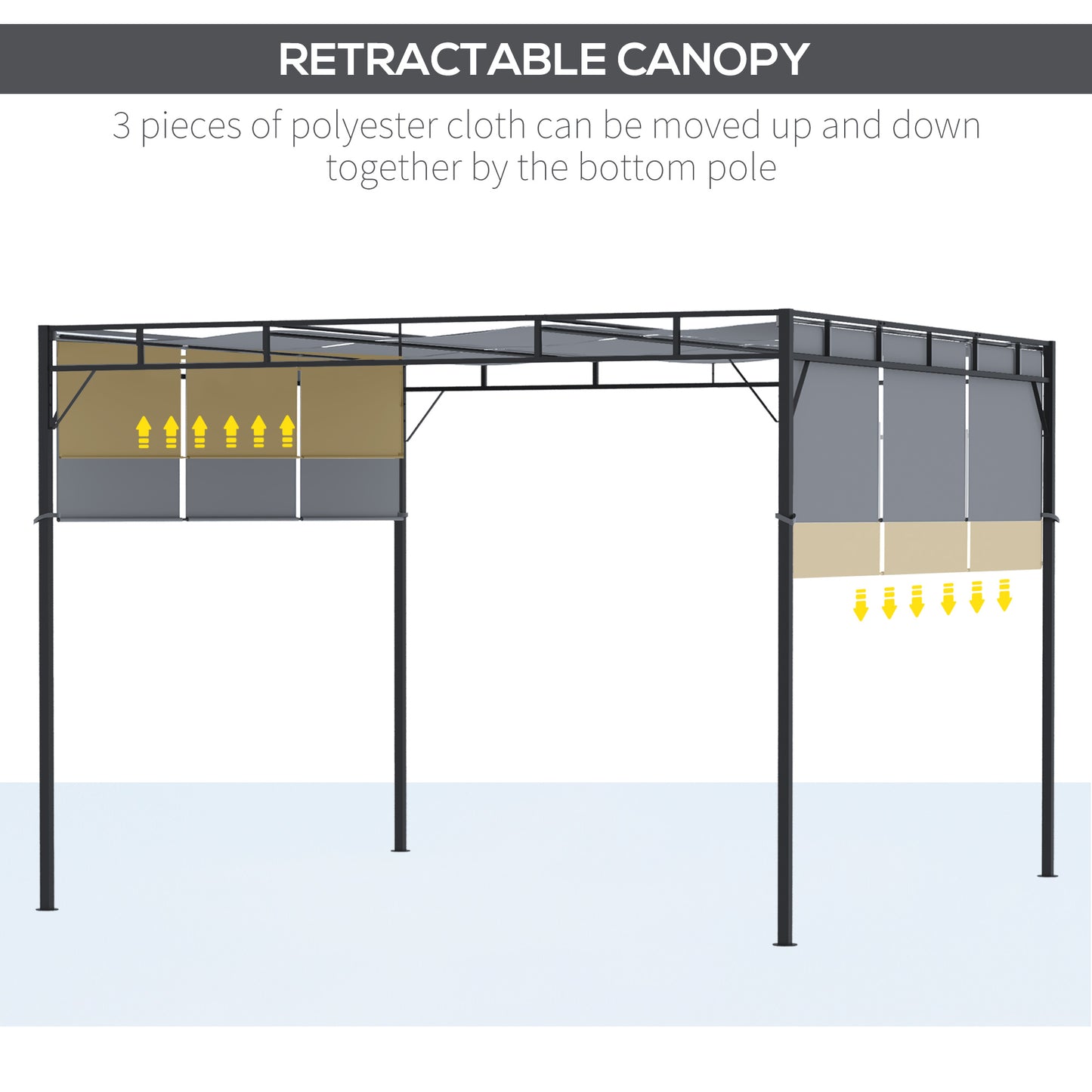 Outsunny 3 x 3(m) Steel Pergola Gazebo with Sliding Roof, Garden Gazebo Canopy Sun Shade Shelter for Outdoor, Deck, Patio, Dark Grey