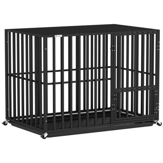 Photo of PawHut Heavy Duty Dog Crate, Dog Cage with Wheels for Medium Large Breeds with Removable Tray, Black in Black colour on a white background