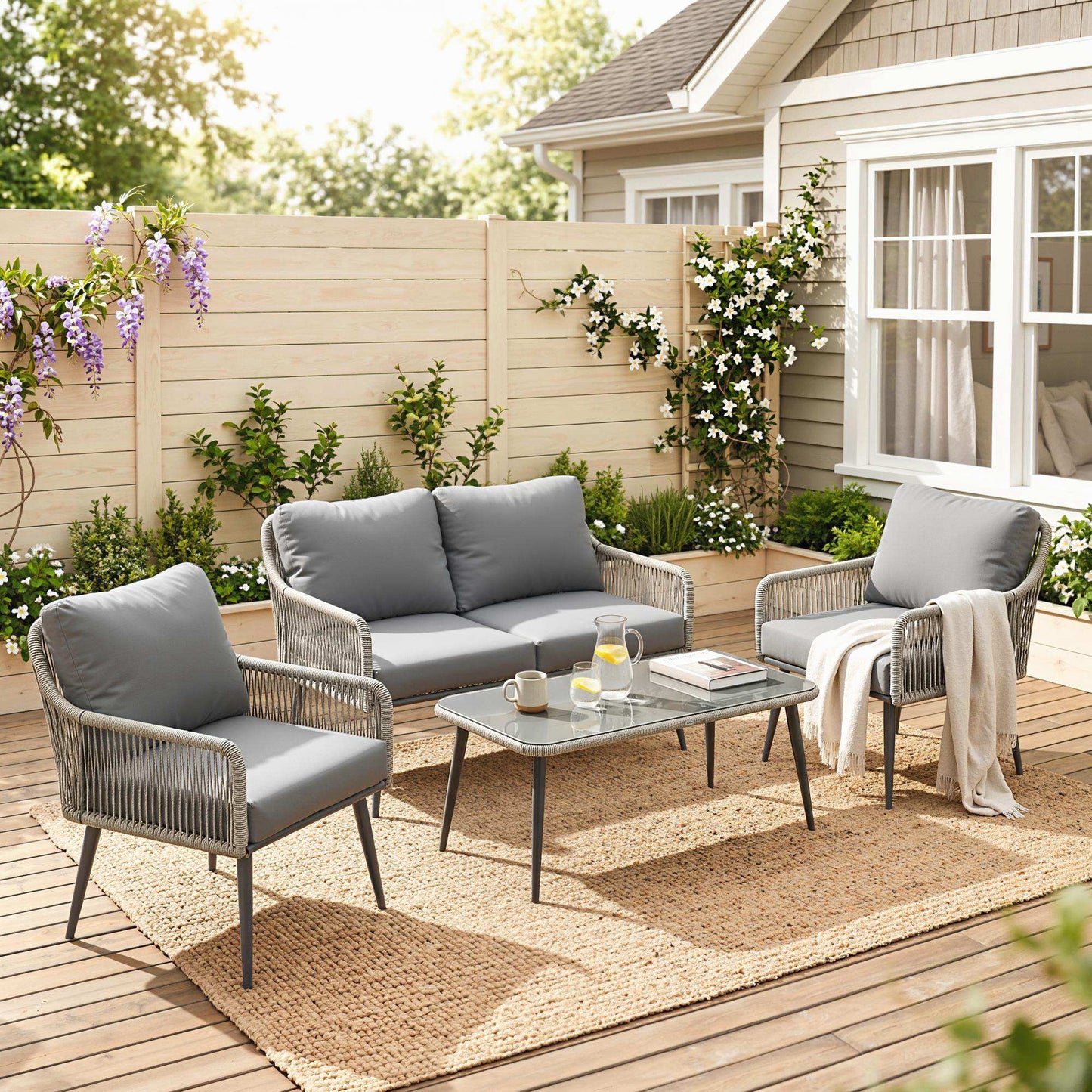 Outsunny Rattan Garden Furniture Set, 4 Piece Outdoor Patio Furniture with Tempered Glass Table and Chairs, Indoor Balcony Conservatory Set