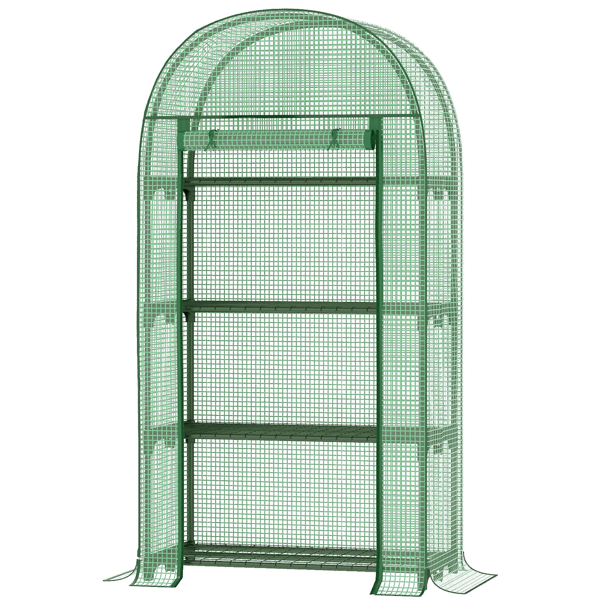 Photo of Outsunny 4 Tier Mini Greenhouse for Outdoor, Portable Gardening Plant Green House with Storage Shelf, Roll-Up Zipped Door, Metal Frame and PE Cover, 80 x 49 x 160cm, Green in Green colour on a white background