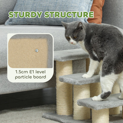 Gray plush pet stairs with sisal posts and particleboard base, shown supporting a cat.