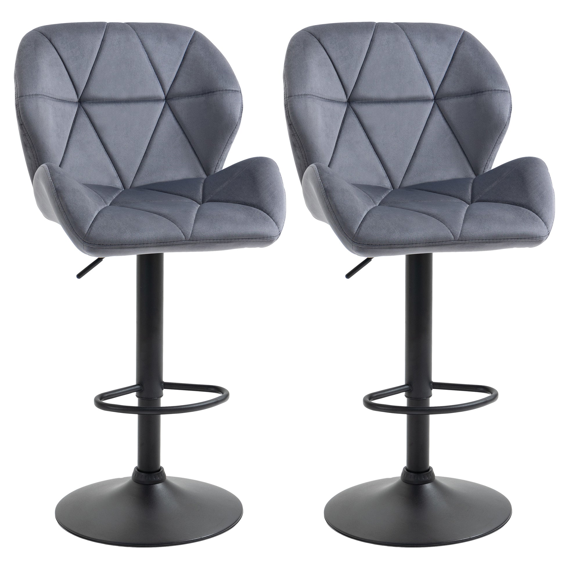 Photo of HOMCOM Bar Stools Set Of 2, Luxurious Velvet-Touch Barstools with Metal Frame Footrest Round Base Triangle Indenting Moulded Seat Adjustable Height Swivel Dark Grey in Grey colour on a white background