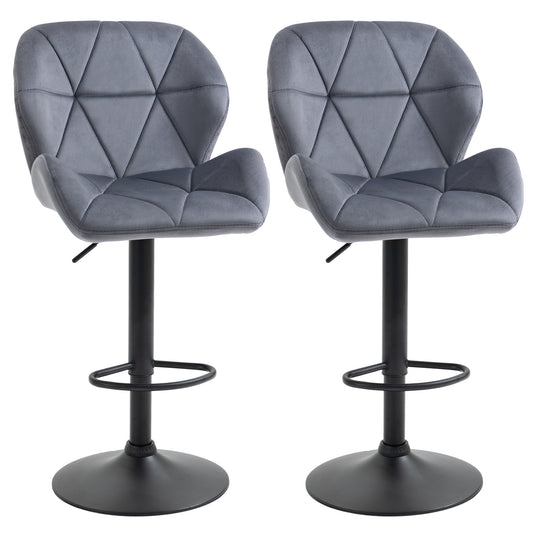 Photo of HOMCOM Bar Stools Set Of 2, Luxurious Velvet-Touch Barstools with Metal Frame Footrest Round Base Triangle Indenting Moulded Seat Adjustable Height Swivel Dark Grey in Grey colour on a white background