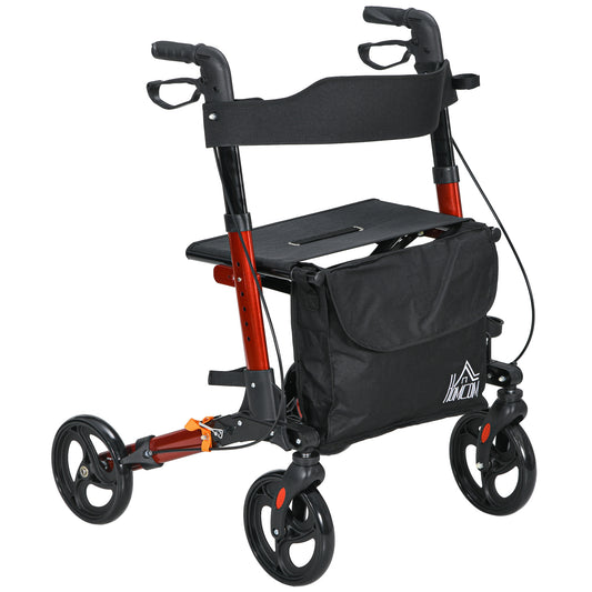Photo of HOMCOM Rollator Walker with Seat, Compact Quick Folding Mobility Walker with 8" Wheels, Carry Bag, Adjustable Height, Cane Holder and Lightweight Aluminium Frame for Seniors and Disabled, Red in Red colour on a white background