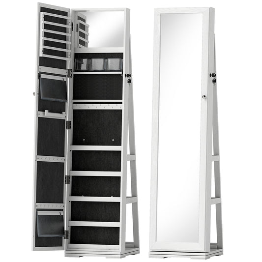 Photo of HOMCOM 360° Swivel Jewellery Cabinet, Free Standing Full Length Mirror with Storage, Lockable Jewellery Organiser with Built-in Makeup Mirror and Storage Shelves for Bedroom, White in White colour on a white background
