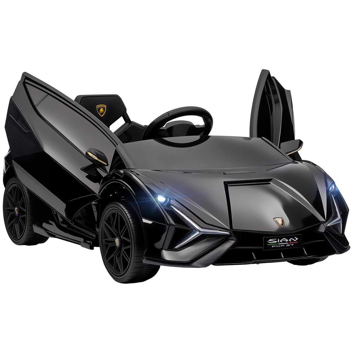 Photo of HOMCOM Lamborghini Sian Licensed Electric Car for Kids, 12V Kids Electric Ride on Car with Dual Motors, Remote Control, Black in Black colour on a white background