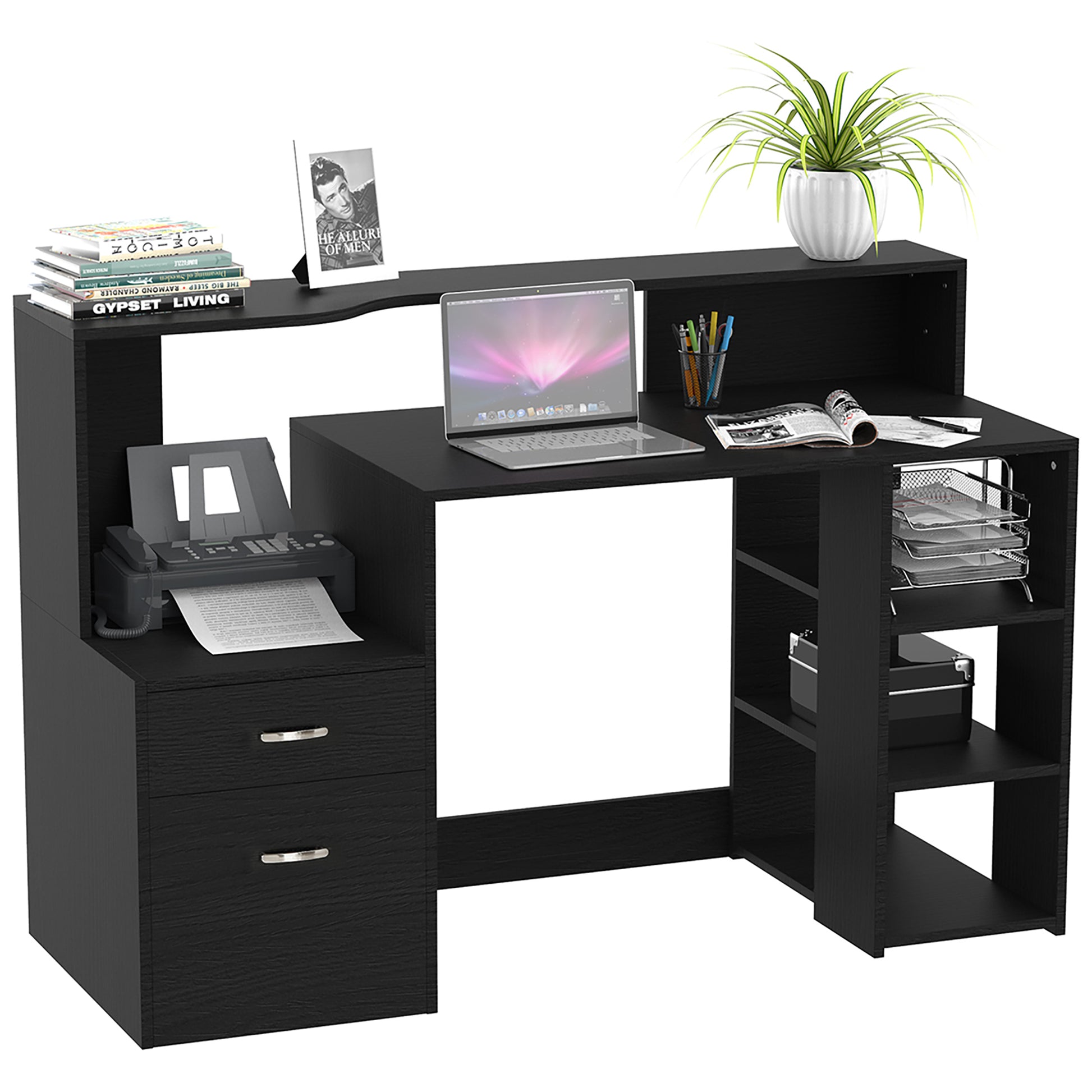 Photo of HOMCOM Computer Desk with Drawers and Storage Shelves, Office Desk Writing Table with Printer Stand, Black in Black colour on a white background