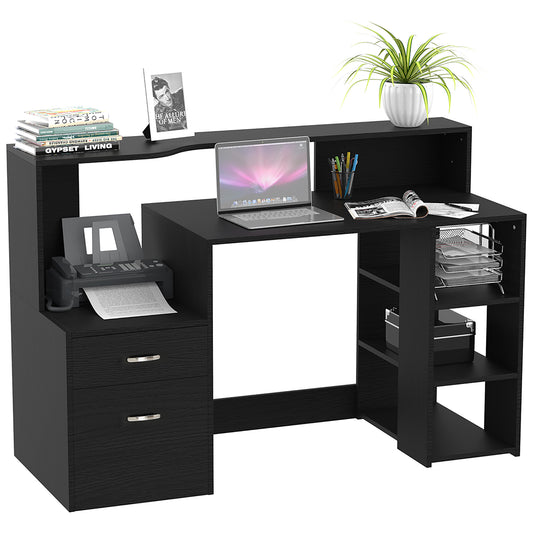 Photo of HOMCOM Computer Desk with Drawers and Storage Shelves, Office Desk Writing Table with Printer Stand, Large Workstation for Study Play Work Home Office, 137 x 55 x 92cm, Black in Black colour on a white background