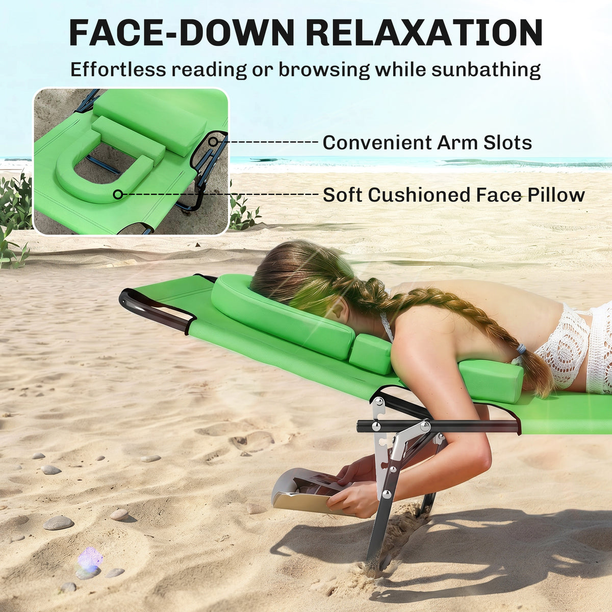 Green sun lounger with cushioned face pillow and arm slots for face-down lounging.