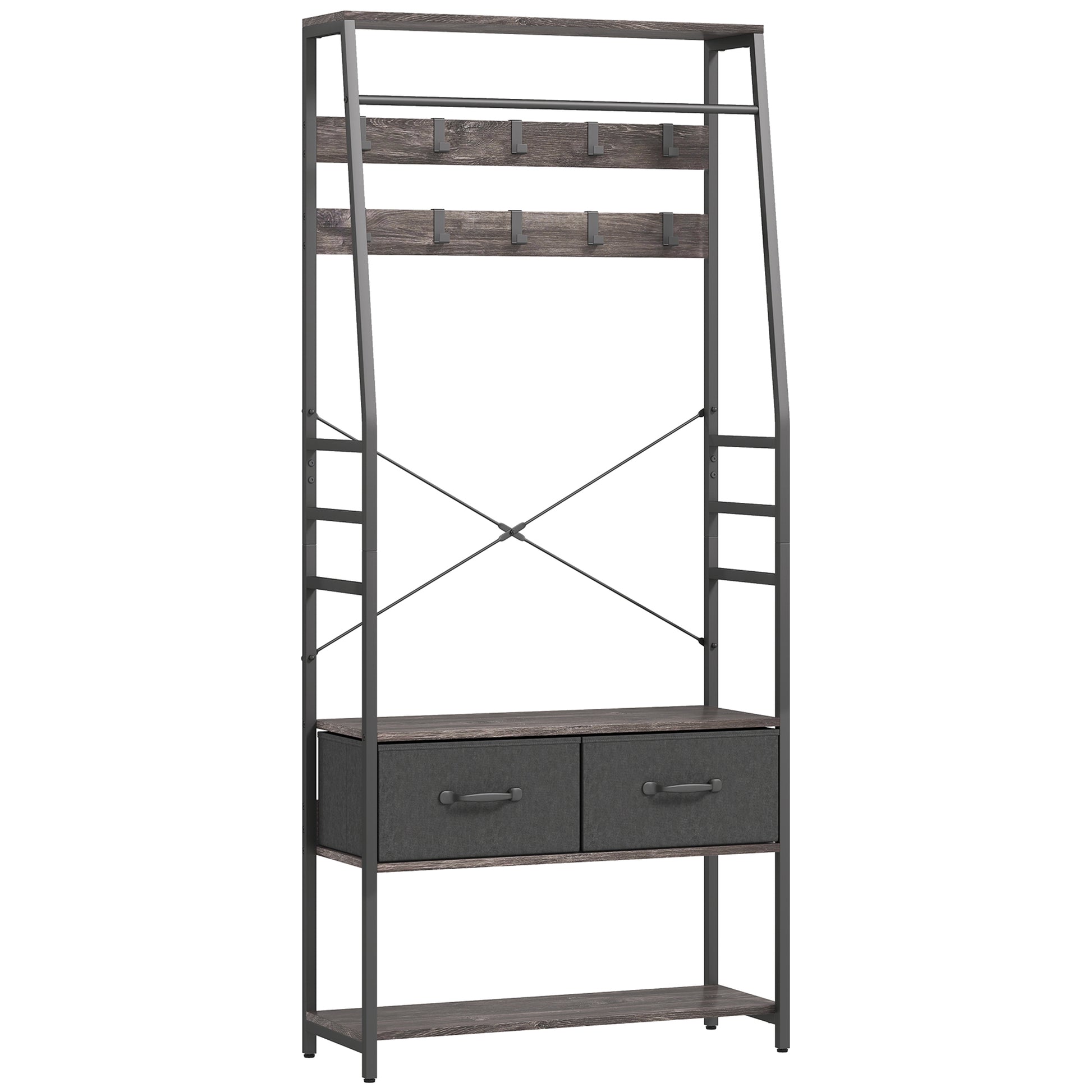 Photo of HOMCOM Coat Rack with Shoe Storage, Hall Tree, Industrial Coat Stand with Shoe Bench, 10 Removable Hooks, 2 Fabric Drawers and Clothes Rail for Entryway, Hallway, Grey in Grey colour on a white background