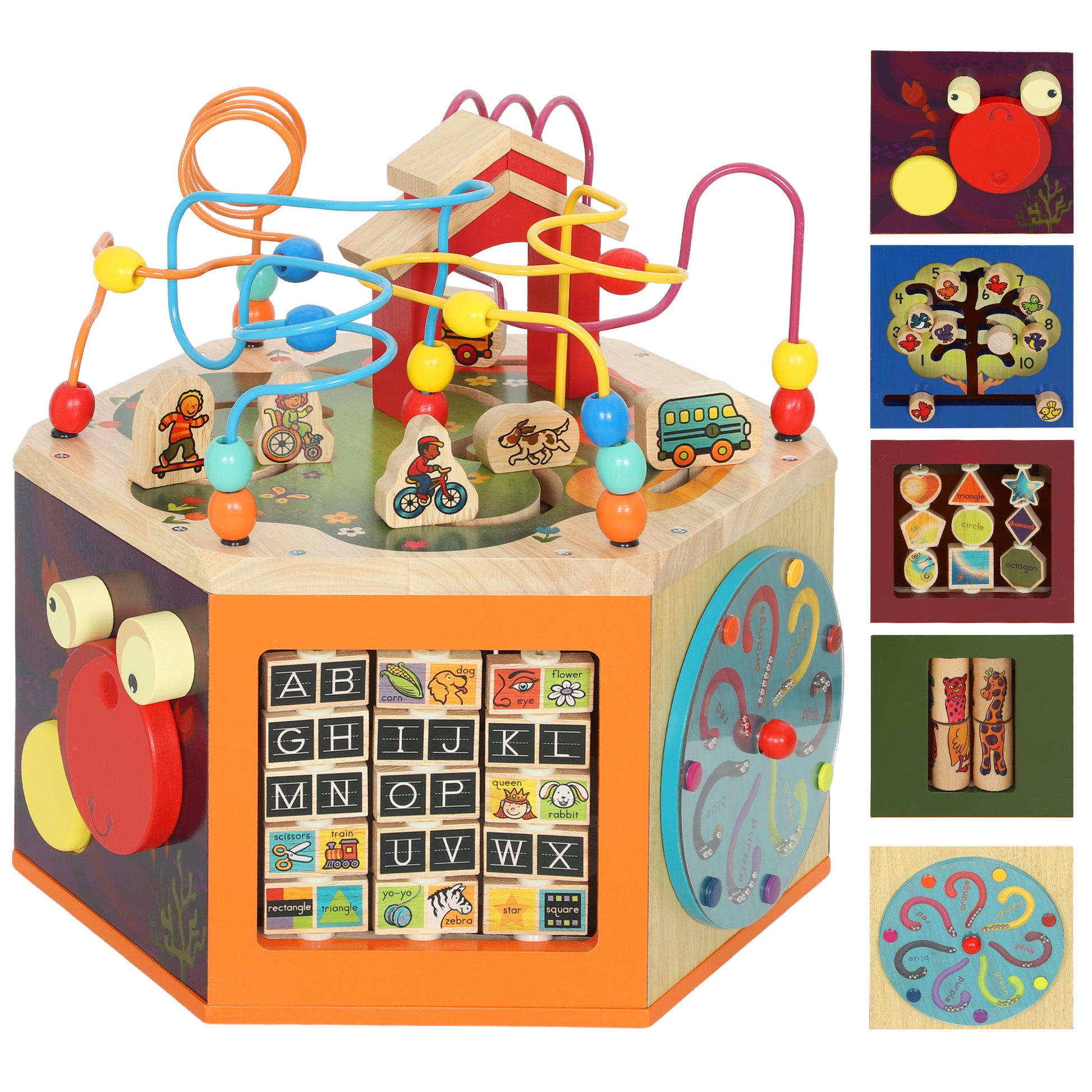 Photo of AIYAPLAY 8 in 1 Wooden Activity Cube with Bead Maze, Shape Sorter, for Kids Boys Girls 18+ Months in Months colour on a white background