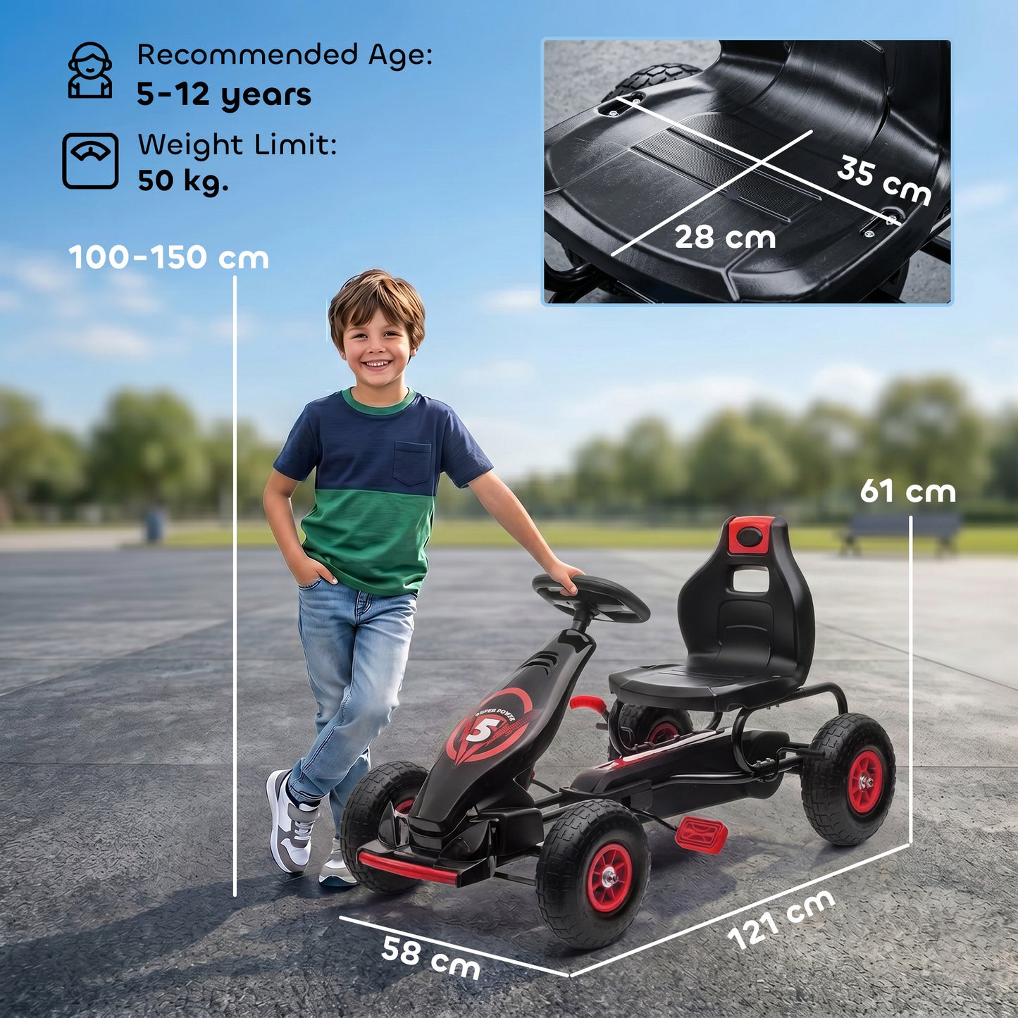 HOMCOM Kids Pedal Go Kart, with Adjustable Seat, Inflatable Tyres - Red