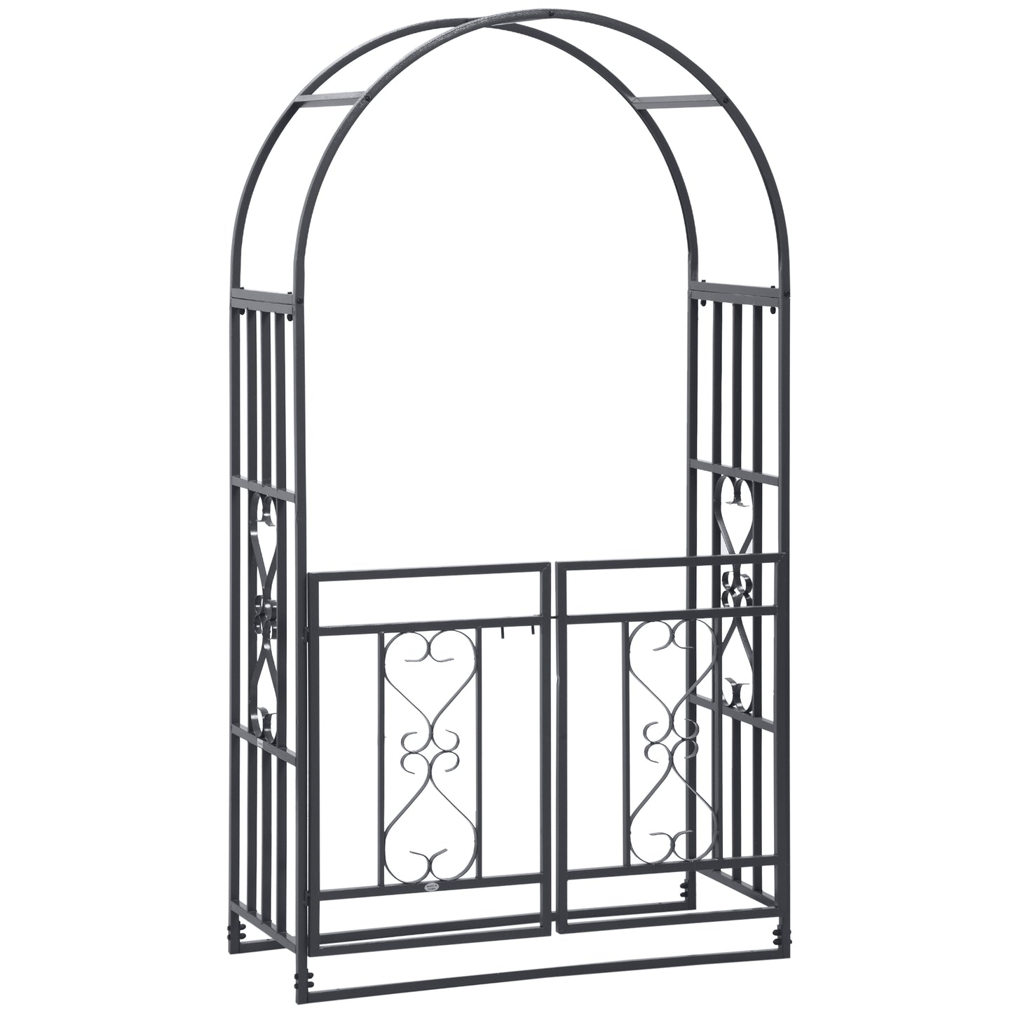 Photo of Outsunny Outdoor Garden Arch with Double Gates, Metal Garden Arbor for Climbing Plants, Roses, Vines, Wedding Arch for Outdoor, 114L x 50W x 206H cm, Dark Grey in Grey colour on a white background