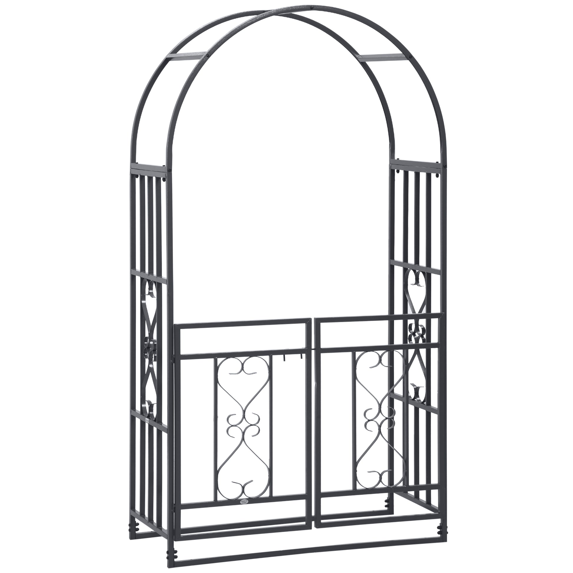 Photo of Outsunny Outdoor Garden Arch with Double Gates, Metal Garden Arbor for Climbing Plants, Roses, Vines, Wedding Arch for Outdoor, 114L x 50W x 206H cm, Dark Grey in Grey colour on a white background