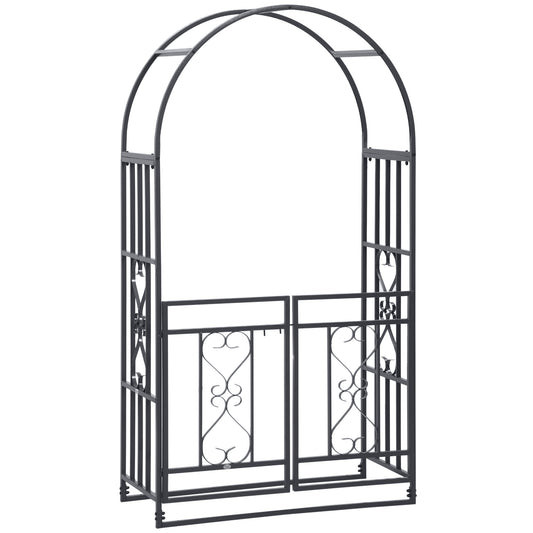 Photo of Outsunny Outdoor Garden Arch with Double Gates, Metal Garden Arbor for Climbing Plants, Roses, Vines, Wedding Arch for Outdoor, 114L x 50W x 206H cm, Dark Grey in Grey colour on a white background