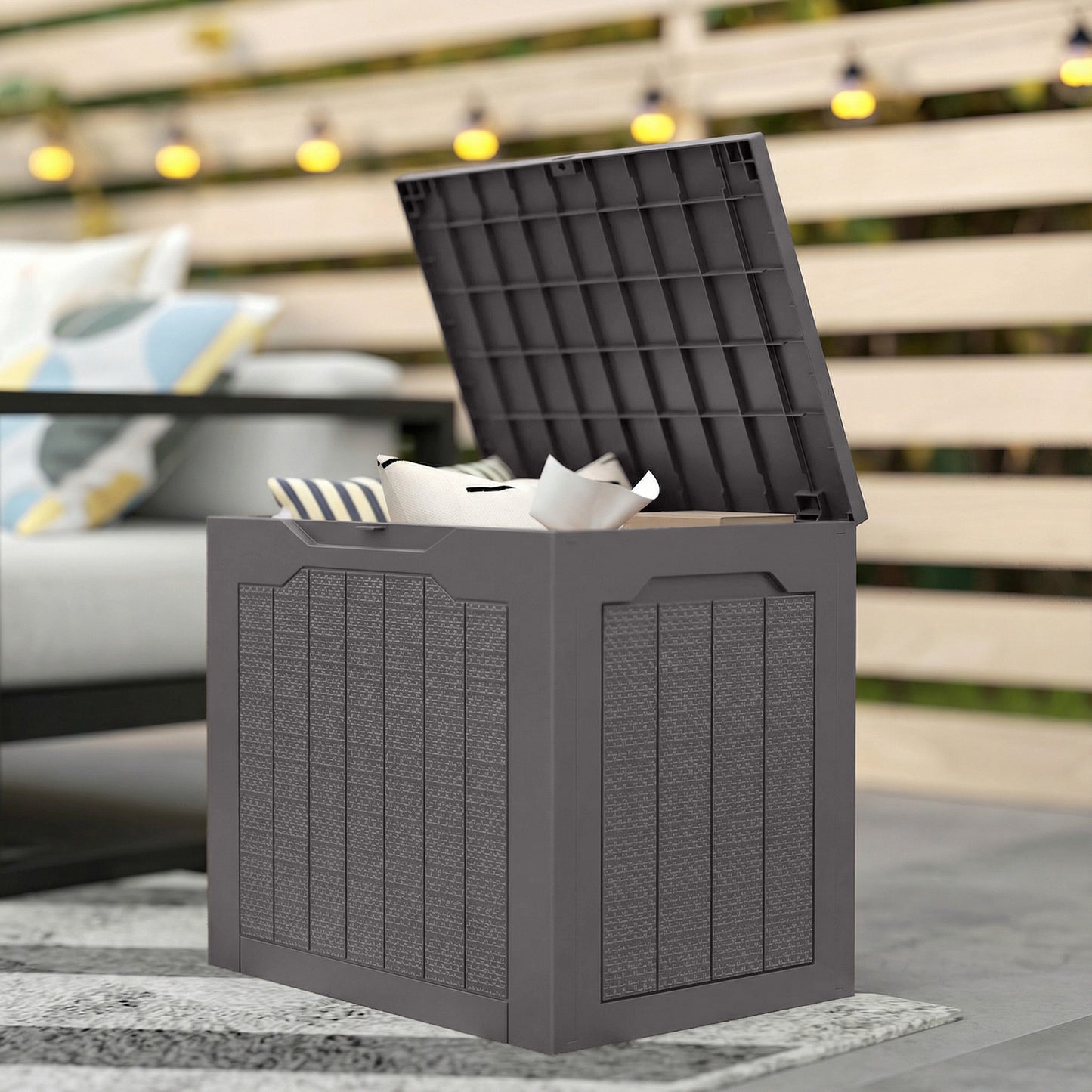 Outsunny 93L Plastic Garden Storage Box, Outdoor Storage Box with Handles, Waterproof Outdoor Storage Container, Brown