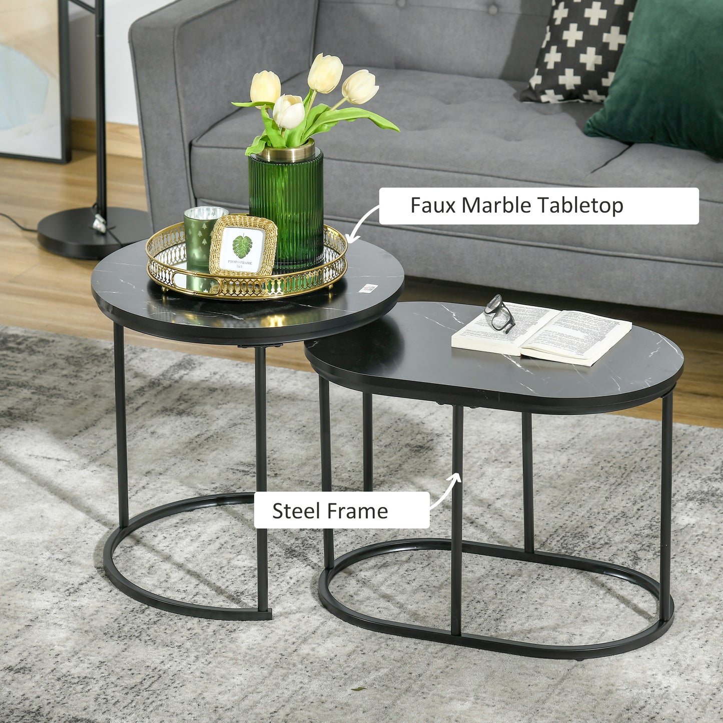 HOMCOM Nest of Tables with Steel Frame and Faux Marble Tabletop, Modern Coffee Table Set of 2, Black/White