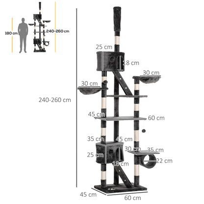 Dark gray floor-to-ceiling cat tree with dimensions, sisal posts, platforms, condos and hanging toy