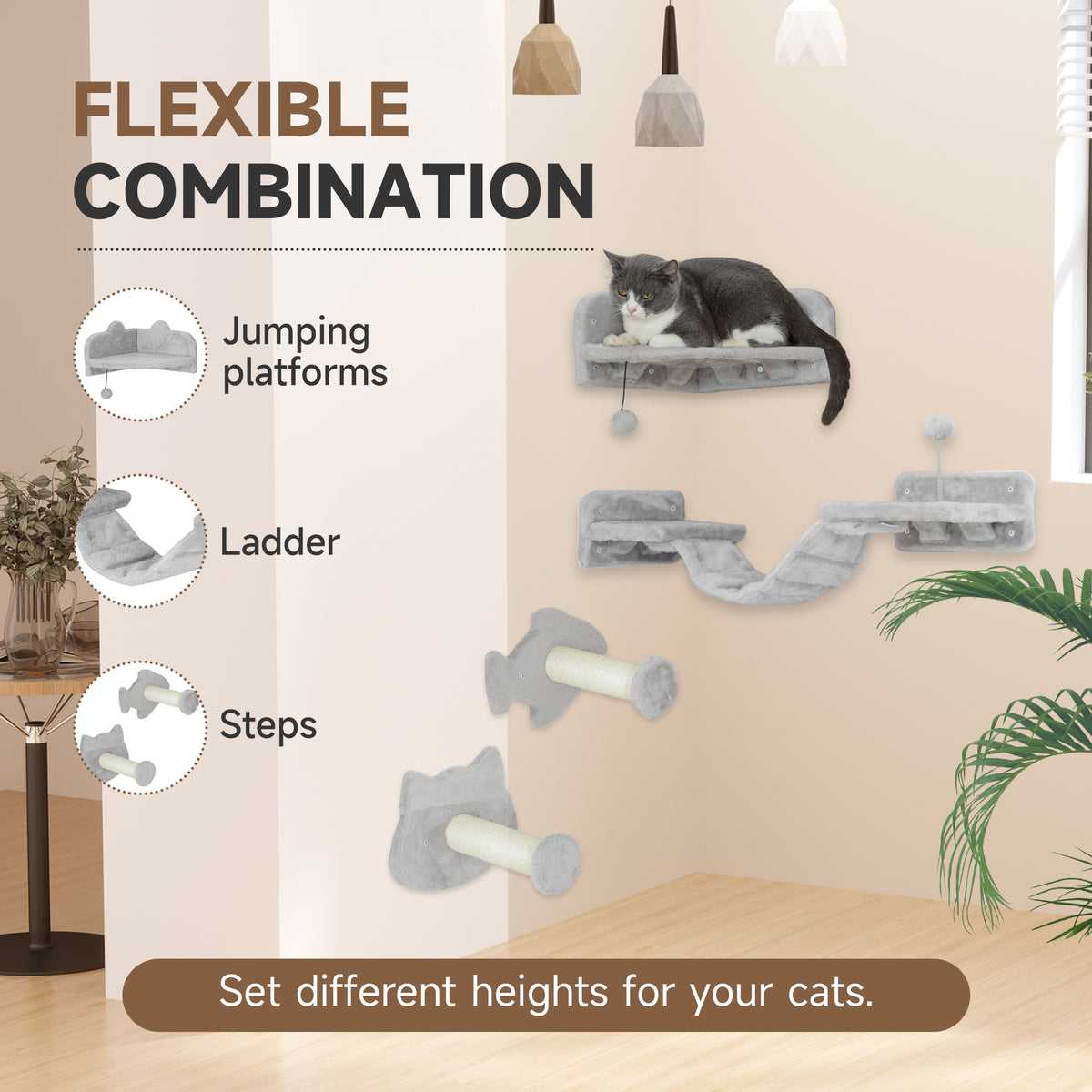 PawHut cat wall shelves, ladder and scratching steps arranged at different heights