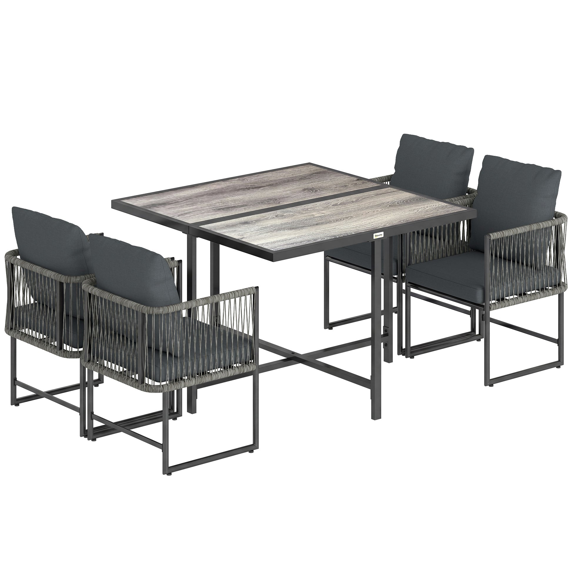 Photo of Outsunny 4-Seater Garden Dining Set, Rattan Outdoor Furniture with Space-Saving Chairs and Thick Cushions for Patio Balcony, Black in Black colour on a white background