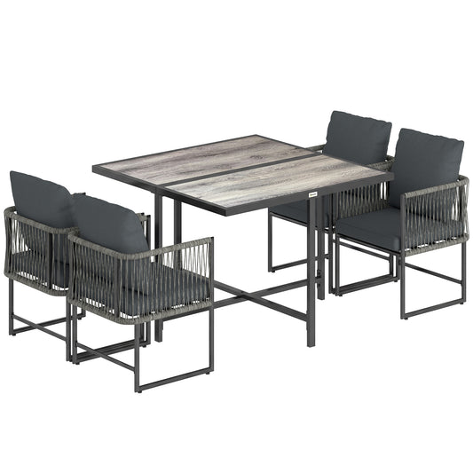 Photo of Outsunny 4-Seater Garden Dining Set, Rattan Outdoor Furniture with Space-Saving Chairs and Thick Cushions for Patio Balcony, Black in Black colour on a white background