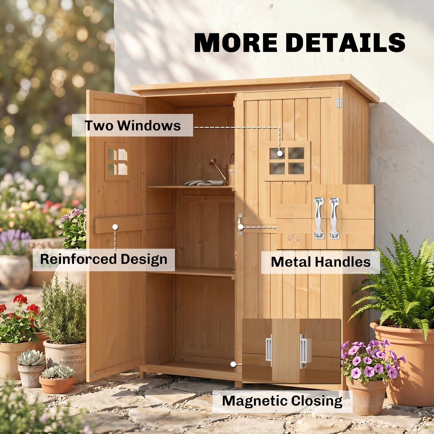 Outsunny Wooden Garden Shed with Two Windows, Tool Storage Cabinet, Outdoor Double Door Organizer 127.5L x 50W x 164H cm, Natural